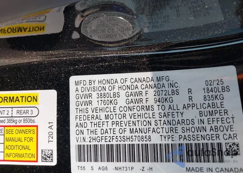 2025 Honda Civic Sport from USA, damaged, VIN 2HGFE2F53SH570858